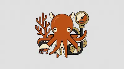 A round gelatinous dumbo octopus with ear-like fins and webbed arms beside a deep-sea coral branch, a tiny crustacean, and a depth gauge on a light gray background.