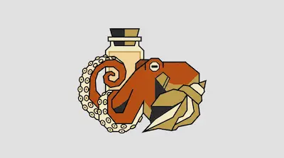 A stylized orange octopus, a corked bottle, and a seashell.
