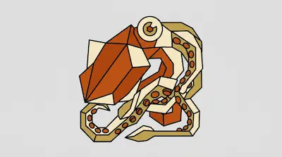 A stylized, angular octopus rendered in orange, tan, and cream with thick black outlines.