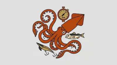A large red Humboldt squid with barbed tentacles beside a fishing jig lure, a lanternfish prey, and a depth gauge on a light gray background.