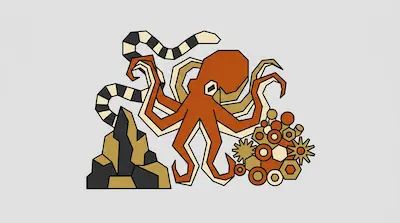 A geometric orange octopus surrounded by a striped sea snake, jagged rocks, and stylized coral.