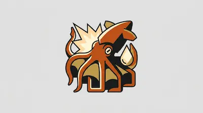 Flat illustration of an orange squid with thick black outlines and a jagged starburst shape on a light grey background