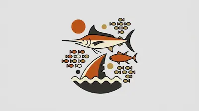 Flat illustration of a marlin swimming above a shark fin and schools of small fish in orange, black, and cream tones