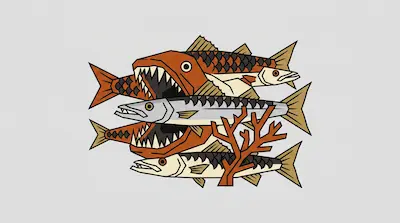 Flat illustration of predatory fish with sharp teeth and orange coral branches on a light grey background