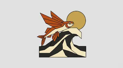 Flat illustration of an orange flying fish leaping over a stylized wave with a golden sun on a light grey background