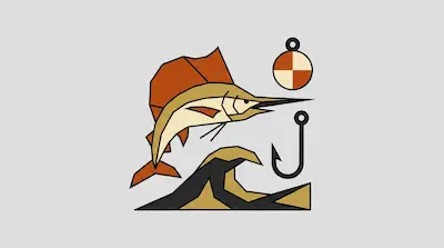 Flat illustration of a marlin jumping over waves next to a fishing hook and a bobber on a light gray background