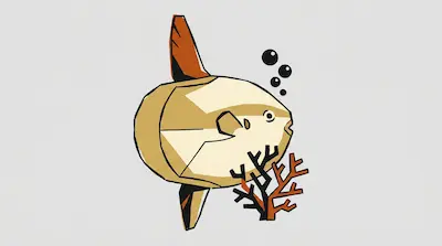Flat illustration of a tan sunfish swimming near coral and black bubbles on a light gray background