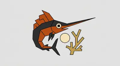 Flat illustration of a geometric orange and black marlin swimming near a coral branch on a light grey background