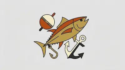 Flat illustration of a tuna fish surrounded by a fishing bobber, a hook, and an anchor on a light gray background