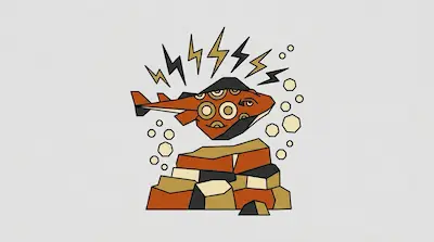 Flat illustration of a stylized orange electric ray with lightning bolts above a pile of rocks on a gray background
