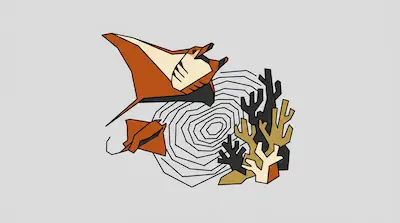 Flat illustration of two orange stingrays swimming near coral and a geometric whirlpool on a gray background