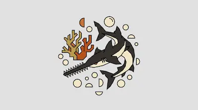 Flat illustration of a sawfish swimming near coral and bubbles with geometric shapes on a light grey background