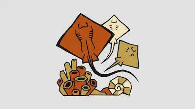 Flat illustration of three stylized stingrays swimming above a cluster of coral and a spiral shell on a gray background