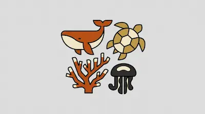 Flat illustration of a whale, sea turtle, coral, and jellyfish in earthy tones against a light gray background