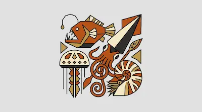 Flat illustration of deep sea creatures including an anglerfish, a giant squid, and a jellyfish in orange and tan tones