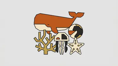 Flat illustration of a brown whale, a jellyfish, and a starfish in a geometric style on a light grey background
