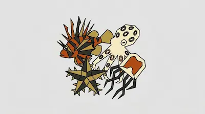 Flat illustration of a lionfish, a spotted octopus, a starfish, and a jellyfish in a cluster on a light gray background