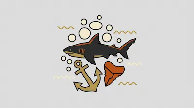 A stylized shark swims above an anchor and a shark tooth, surrounded by bubbles and wavy lines.