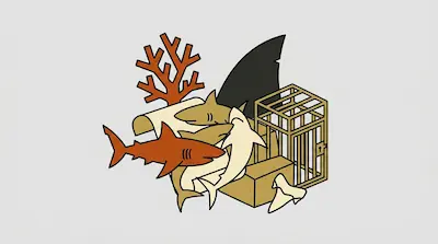 A collection of shark-themed items including several sharks, a large black fin, orange coral, a gold cage, and a shark tooth.