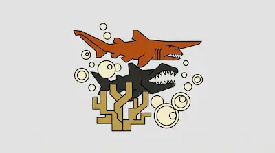 Flat illustration of an orange shark and a black shark swimming near coral and bubbles on a light grey background
