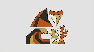 Four stylized, geometric icons of a shark fin, a shark tooth, a wave, and coral in shades of orange, tan, and dark grey.
