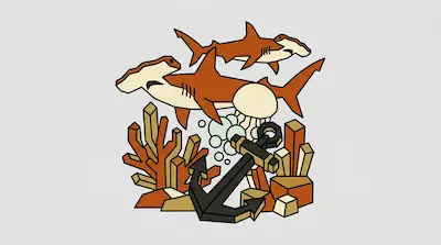 Two hammerhead sharks swim above a coral reef and a black anchor.