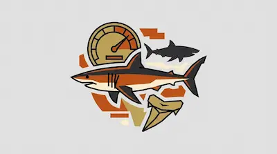 A sleek mako shark in a high-speed pose beside a speedometer gauge, a great white shark silhouette, and a fossil tooth on a light gray background.