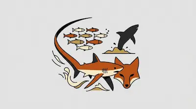 A thresher shark with a long scythe-like tail whipping through stunned fish beside a breaching silhouette and a fox head shape on a light gray background.