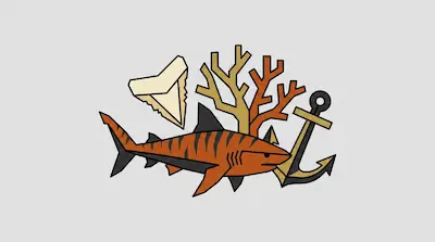 A stylized tiger shark, shark tooth, coral, and anchor are grouped together.