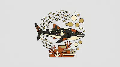 A geometric whale shark swims above a coral reef, surrounded by a school of small fish and bubbles.