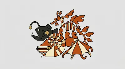 Flat illustration of an anglerfish, a leafy sea dragon, and a nautilus shell in orange and black on a gray background