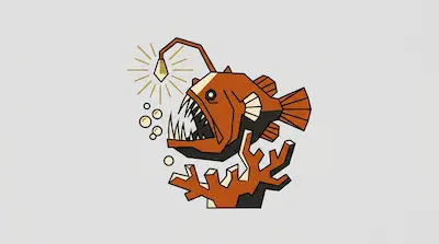 Flat illustration of an orange anglerfish with sharp teeth and a glowing lure swimming above a piece of coral