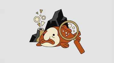Flat illustration of a sad orange blobfish next to a dark rock and a magnifying glass on a light gray background