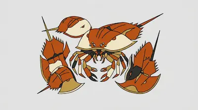 Flat illustration of several orange and tan horseshoe crabs with black outlines on a plain light gray background