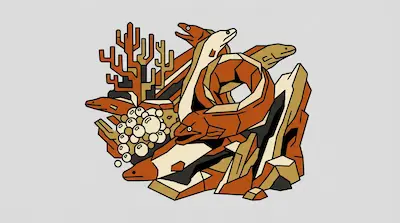 Flat illustration of several moray eels swimming through coral and jagged rocks on a light grey background