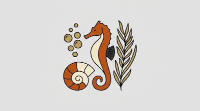 Flat illustration of an orange seahorse, a spiral shell, and a sprig of seaweed on a light gray background