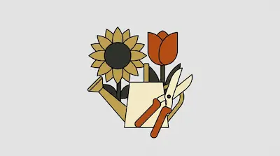 A sunflower and a tulip stand behind a watering can and a pair of pruning shears.