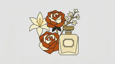 A perfume bottle surrounded by a lily, two roses, and small white flowers in a stylized, geometric art style.