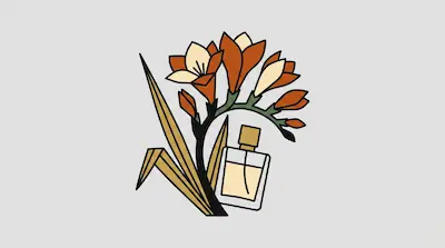 Stylized orange and cream flowers on a curved stem next to a small rectangular perfume bottle.