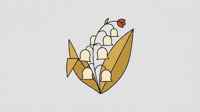 A stylized lily of the valley plant with cream bell-shaped flowers and golden-yellow leaves.