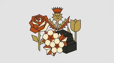 A geometric illustration of a rose, thistle, tulip, and small blossoms in earthy tones arranged around a dark block.