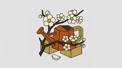 An orange watering can surrounded by flowering branches and gold boxes in a geometric art style.