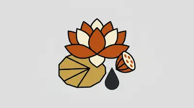 A stylized graphic of an orange and cream lotus flower, a tan lily pad, a seed pod, and a black water droplet.
