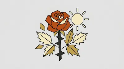 A geometric red rose with a thorny stem and gold leaves next to a stylized sun.