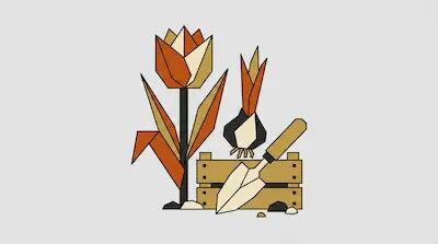 A geometric tulip, a bulb, a wooden crate, and a garden trowel.
