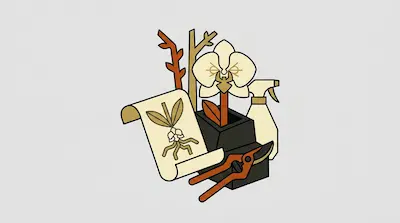 An orchid in a pot surrounded by gardening tools, including pruning shears, a spray bottle, and a botanical scroll.