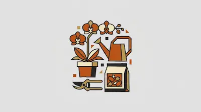 A potted orchid, watering can, bag of soil, and pruning shears in a geometric, earth-toned style.