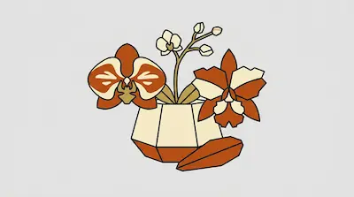 Stylized orchids in terracotta and cream colors bloom from a geometric pot.