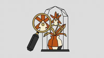 A magnifying glass focuses on a stylized orchid plant inside a glass terrarium.