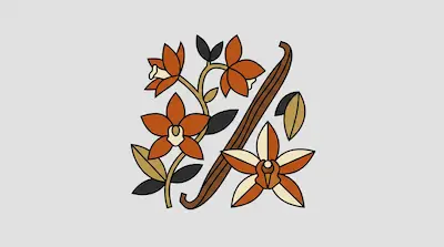 Stylized vanilla flowers and a vanilla bean pod in shades of orange, cream, and brown.